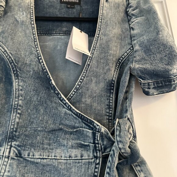 Retrofête Zelda Wrap Dress Distressed Denim In Sienna Puffed Sleeve Front Slit - Picture 8 of 10